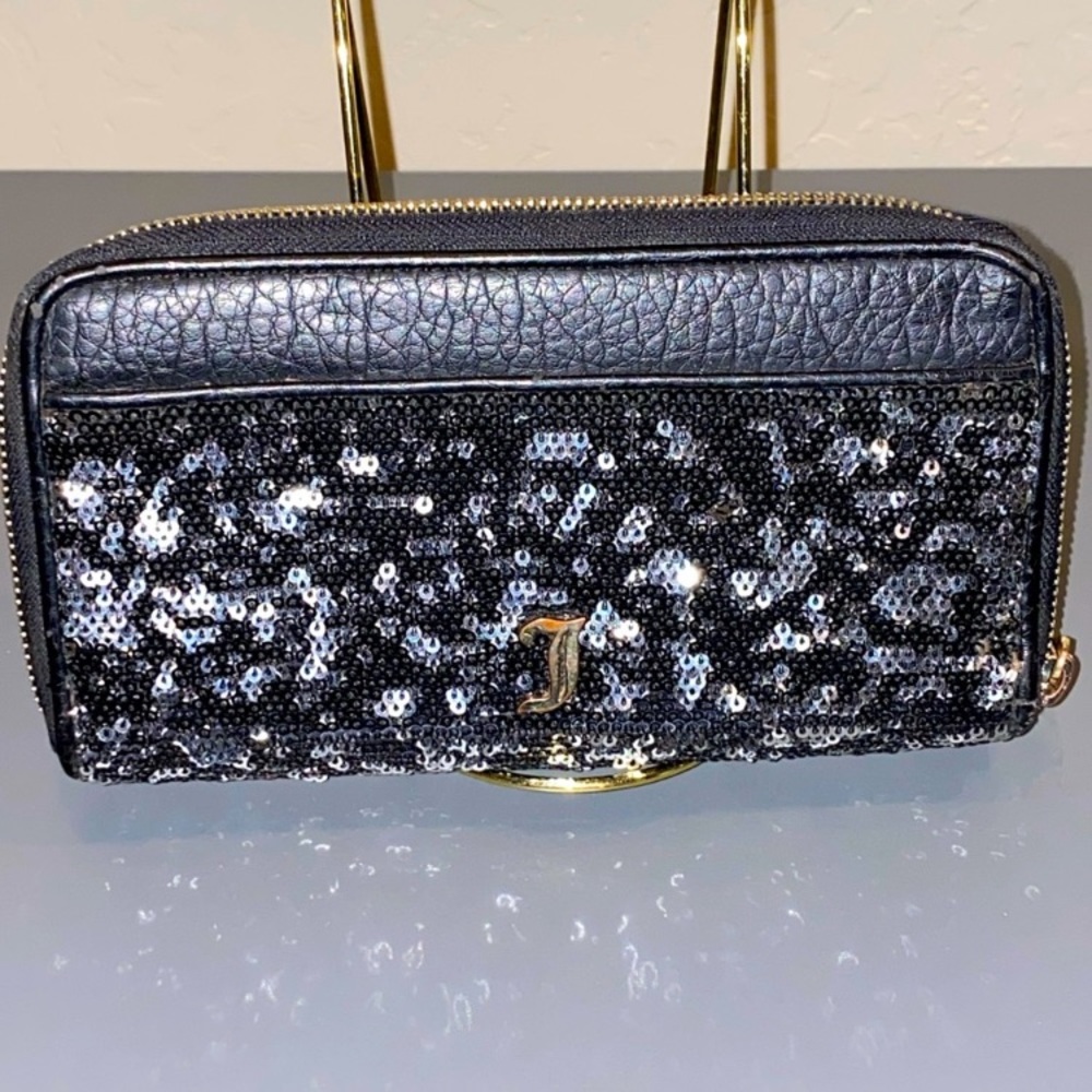 Juicy Couture Double Zipper Black Sequined Continental Wallet EXCELLENT COND.